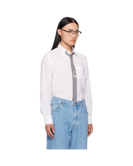 Thom Browne White Linen 4-Bar Shirt for men