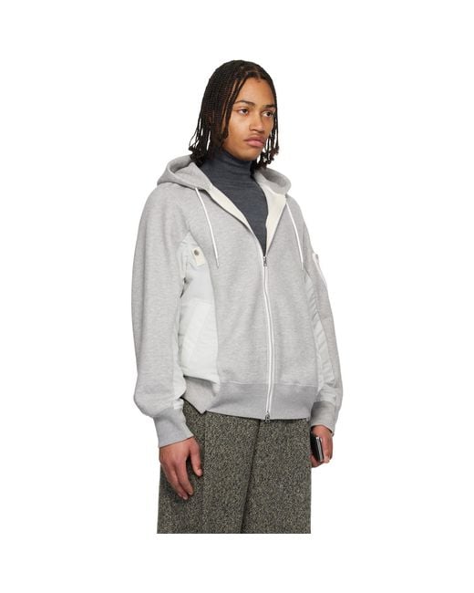Sacai Gray Sponge Sweat & Nylon Twill Hoodie for men