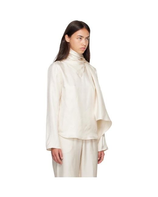 Loulou de Saison White Off- Gala Silk Twill Scarf Blouse