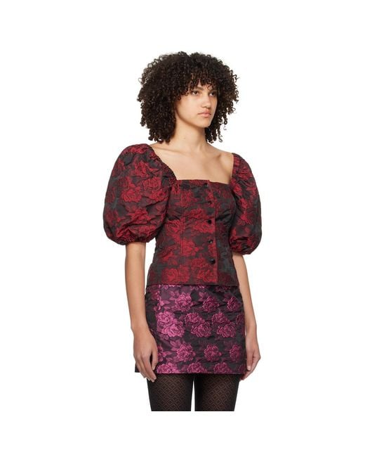 Ganni Black & Red Botanical Jacquard Blouse