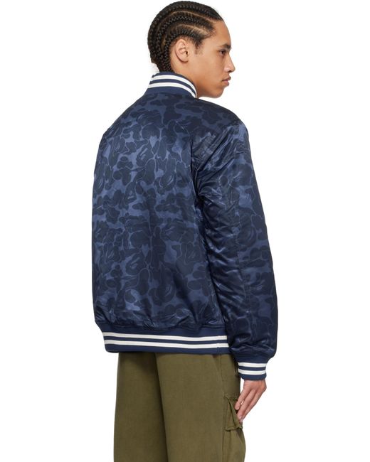 A Bathing Ape Blue Solid Camo Nyc Logo Varsity Bomber Jacket for men