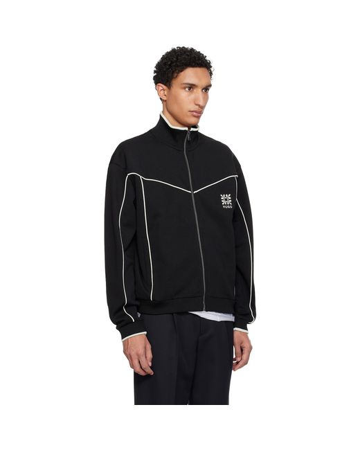 HUGO Black Cotton-Blend Embroidered Logo Artwork Track Jacket for men