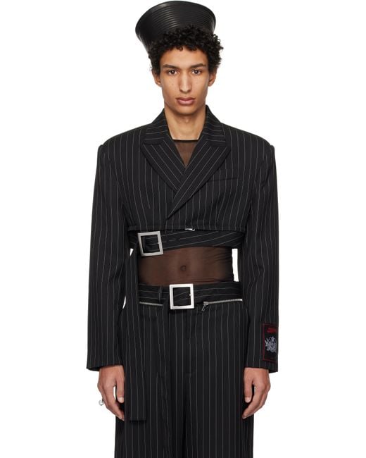 Jean Paul Gaultier Black Pinstripe Wool Cropped Tailored Blazer for men