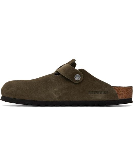 Birkenstock Brown Khaki Boston Soft Footbed Suede Leather Loafers for men
