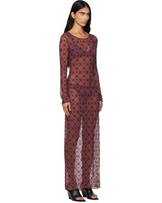 MARINE SERRE Red Burgundy Moonogram Mesh Flock Maxi Dress