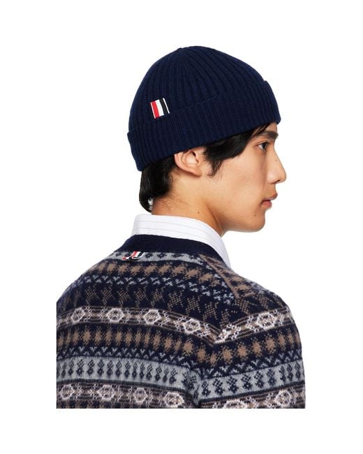 Thom Browne Blue Cashmere 4-Bar Cuff Beanie for men