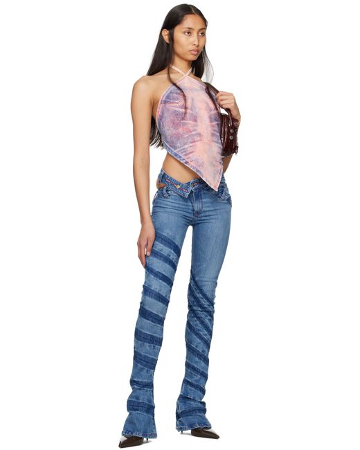 MASHA POPOVA Blue Stripe Bias Cut Bell Bottom Jeans
