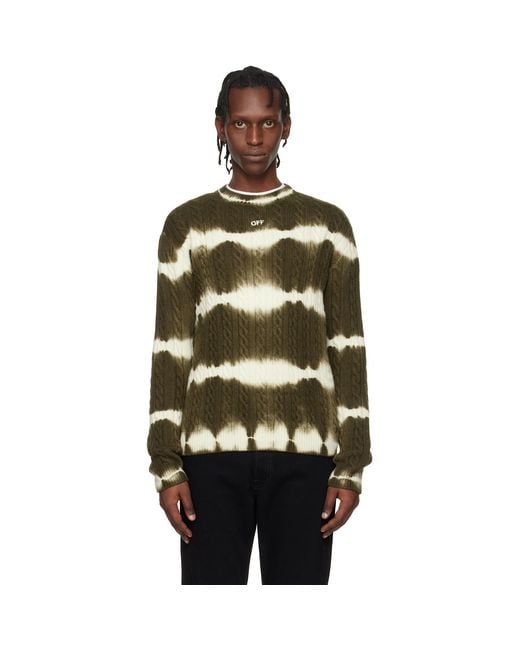 Off-White c/o Virgil Abloh Black Khaki & Off Stamp Cable Knit Crewneck Sweater for men