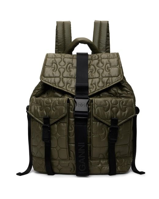 Ganni Black Khaki Quilted Re-Tech Backpack