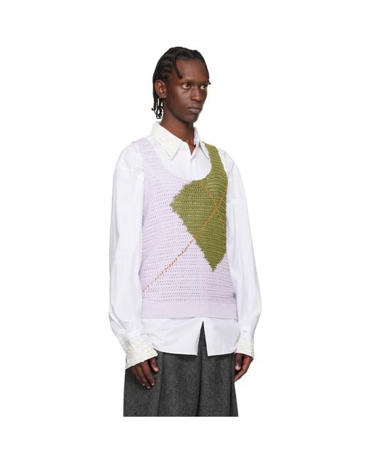 Dries Van Noten White Khaki Argyle Tank Top for men