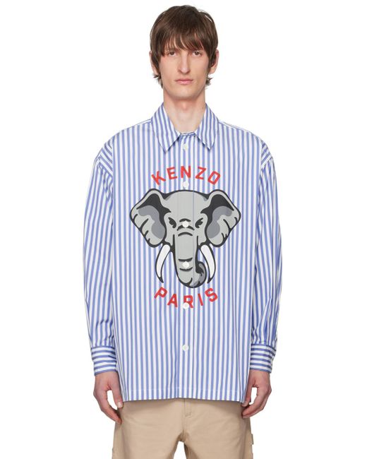 メンズ KENZO ホワイト&ブルー Paris Elephant シャツ Blue