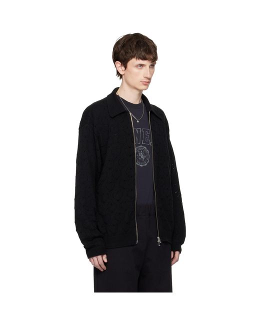 vowels Black Eyelet Knitted Zip-Up Jacket for men