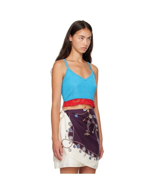 Versace Blue Lace-Trim Viscose-Blend Ribbed Knit Tank Top