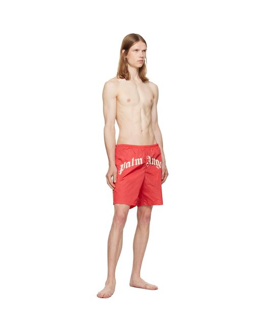 Palm Angels Red Curved Logo Swim Shorts for men