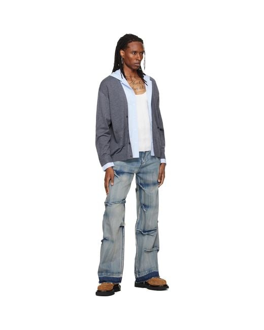 we11done Blue Hooded Shirt-Layered Cardigan for men