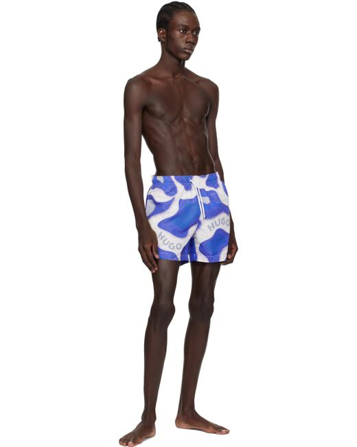 HUGO Blue & White Printed Swim Shorts for men