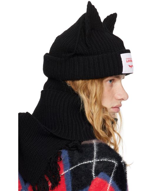 Charles Jeffrey Black Chunky Ears Beanie Scarf for men