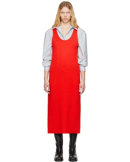 Auralee Red Cotton Silk Stretch Knit Midi Dress