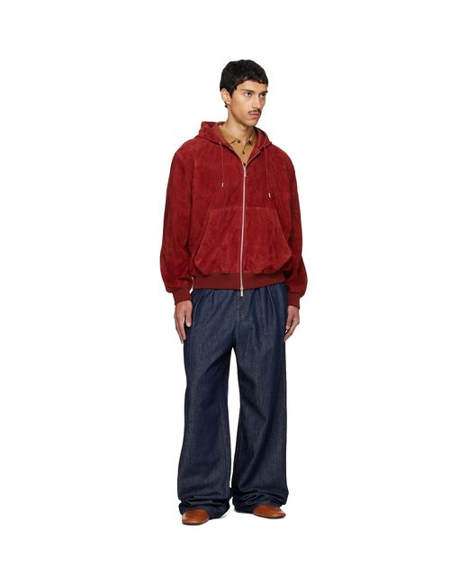 Ferragamo Red Burgundy Suede Blouson Hoodie for men