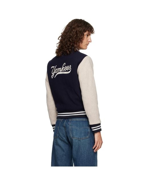 Sporty & Rich Blue Yankees Curve Wool Varsity Jacket