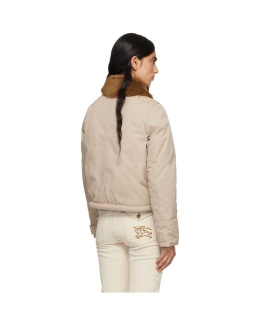 Burberry Natural Shearling Collar Gabardine Down Bomber Jacket