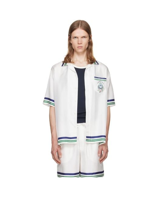 Casablanca Blue Hotel Emblem Short Sleeve Silk Shirt for men