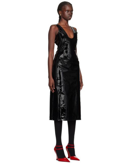 Ferragamo Black Scoop Neck Leather Midi Dress
