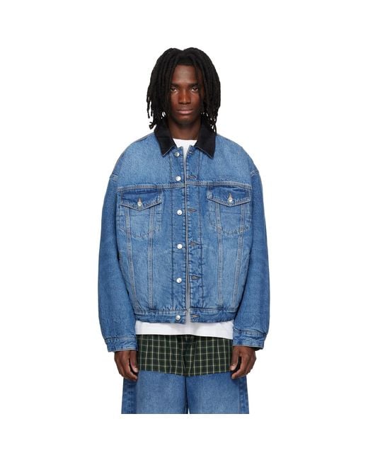 Alexander Wang Blue Plaid Combo Reversible Trucker Denim Jacket for men