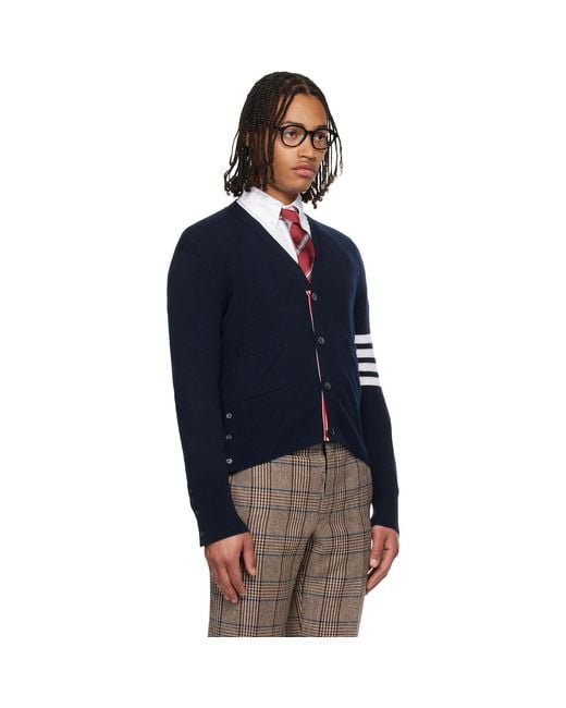 Thom Browne Blue Classic Cashmere 4-Bar V-Neck Cardigan for men