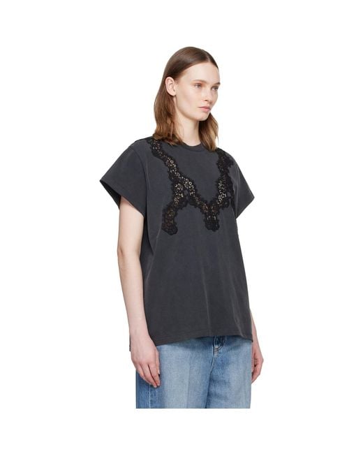 Stella McCartney Black Lace Mix Washed Jersey Cotton T-Shirt