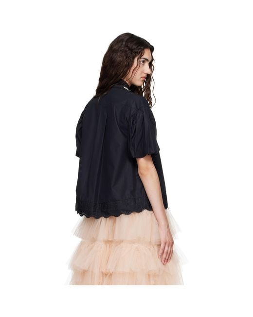 Simone Rocha Blue Cropped Puff Sleeve Lace Trim Shirt