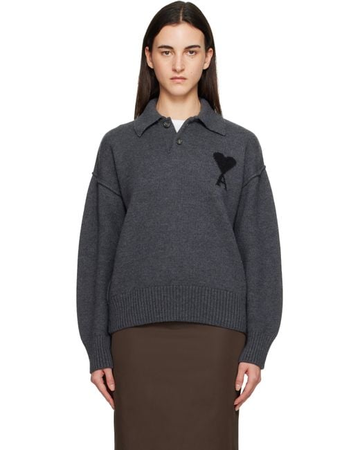 Polo Gris En Laine À Logo Ami De Cœur AMI en coloris Black