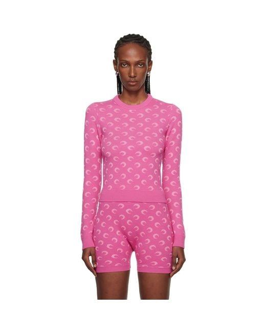 MARINE SERRE Pink Moon Jacquard Knit Fitted Crewneck Sweater