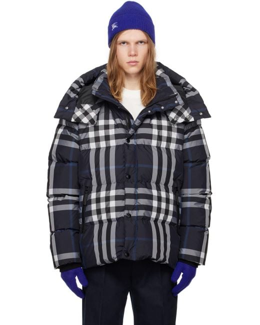Burberry Blue Navy Check Down Jacket for men