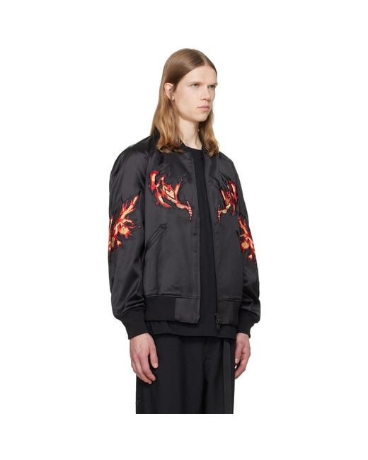 Y-3 Black Embroidered Graphic Satin Souvenir Jacket for men