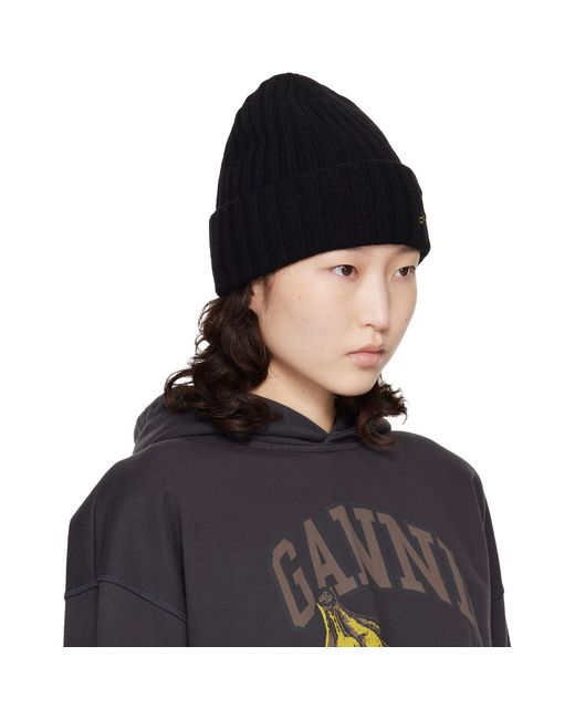 Ganni Black Wool Knit Beanie