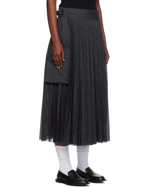 Sacai Glen Check Midi Skirt in Black | Lyst