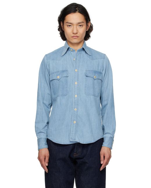 Drake's Blue Two-Pocket Western Denim Shirt for men