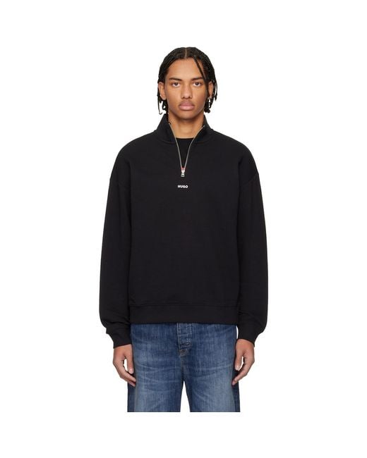 HUGO Black Cotton Terry Logo-Print Sweatshirt for men