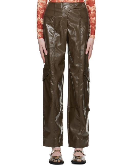 Ganni Black Brown Patent Faux-leather Trousers