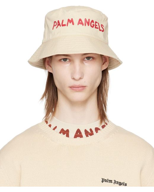 メンズ Palm Angels オフホワイト ロゴ バケットハット Natural