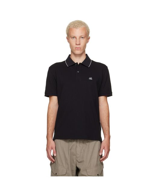 C P Company Black Stretch Piquet Short Sleeve Logo Polo for men