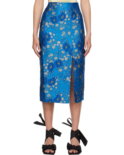 Ganni Blue Floral-print Jacquard Pencil Skirt