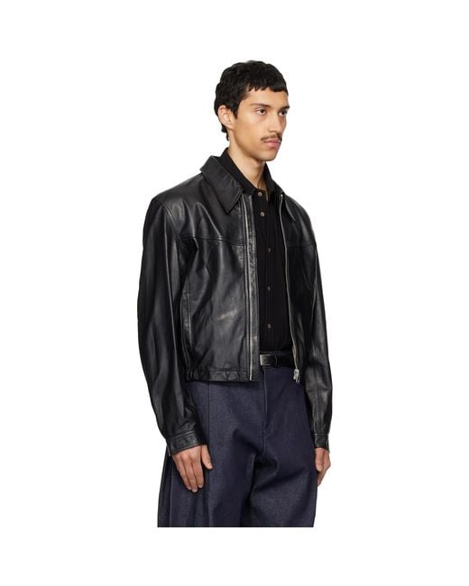 Lemaire Black Leather Biker Jacket for men