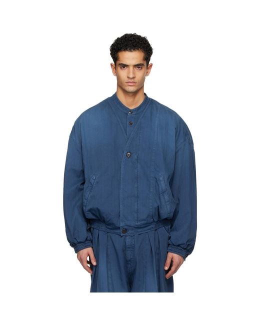 Hed Mayner Blue Herringbone Denim Bomber Jacket for men