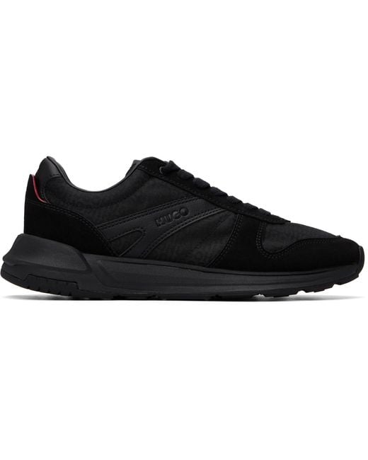 HUGO Black Faux-Suede Trim Monogram-Jacquard Sneakers for men