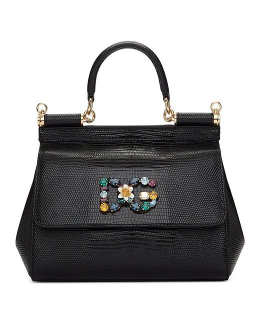 Dolce & Gabbana Black Small Calfskin Sicily Bag With Iguana-print And Dg Crystal Logo Patch