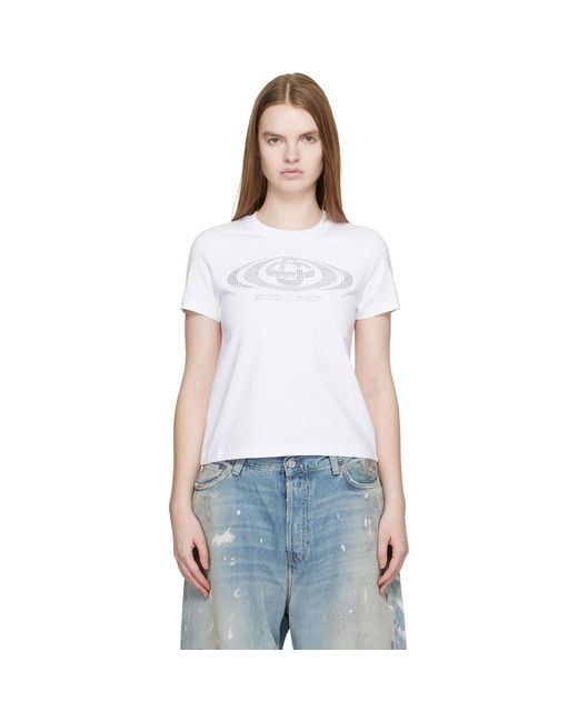 Casablanca White Crystal Warped Logo Fitted Short Sleeve T‑Shirt