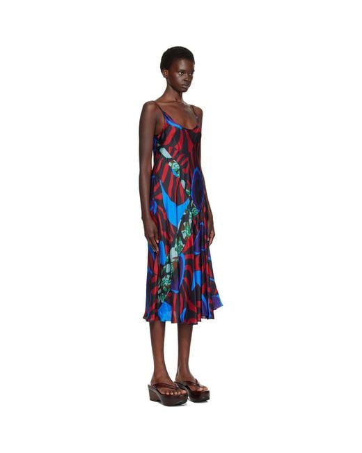 Dries Van Noten Blue Printed Slip Midi Dress