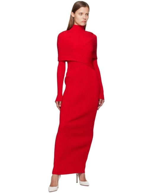 Balmain Red Pleated Knit Maxi Dress